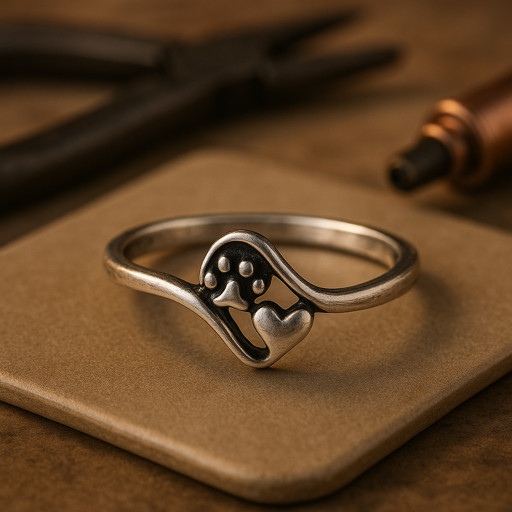 Sterling Silver Ring with Paw and Heart