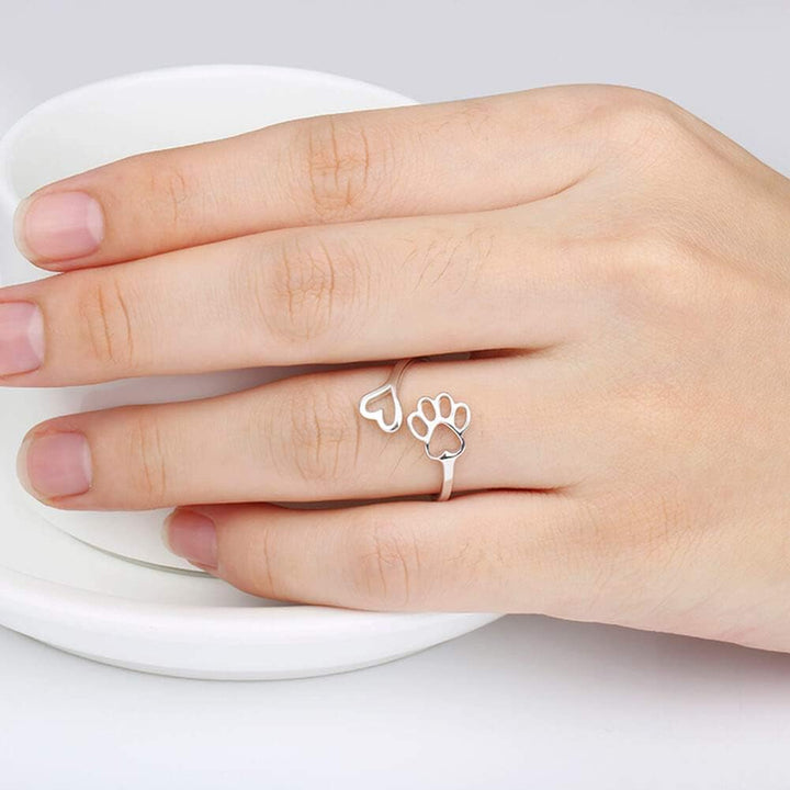 Handcrafted Paw Print Heart 925 Sterling Silver Adjustable Ring