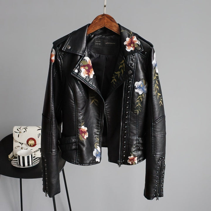 AMELIA - Leren jas met geborduurde bloemen