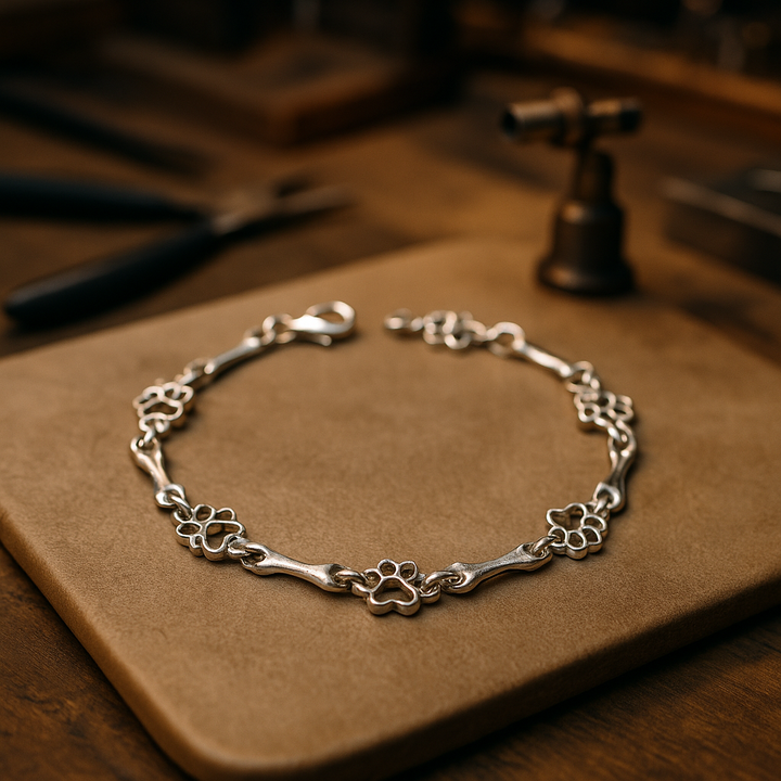 Bracelet with Dog Paw and Bone Charms Made of Pure Silver