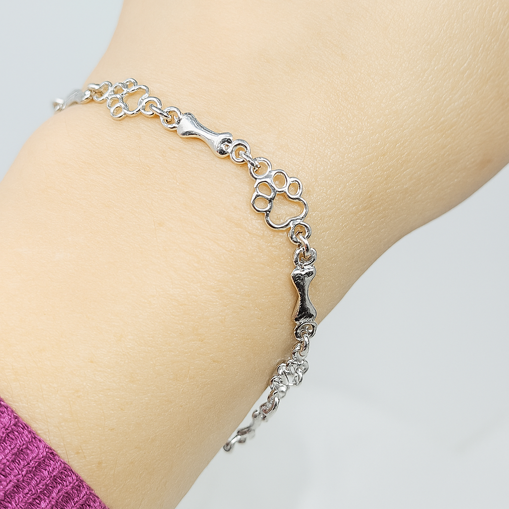 Bracelet with Dog Paw and Bone Charms Made of Pure Silver