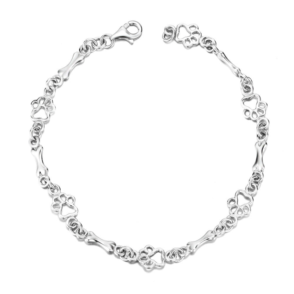 Bracelet with Dog Paw and Bone Charms Made of Pure Silver