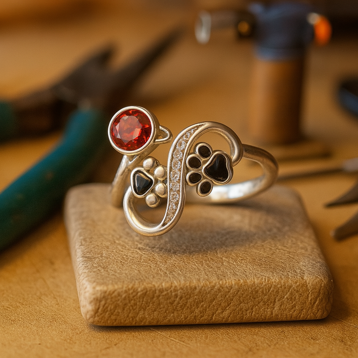 Adjustable Ring with Black Paw Prints & Red Gemstone