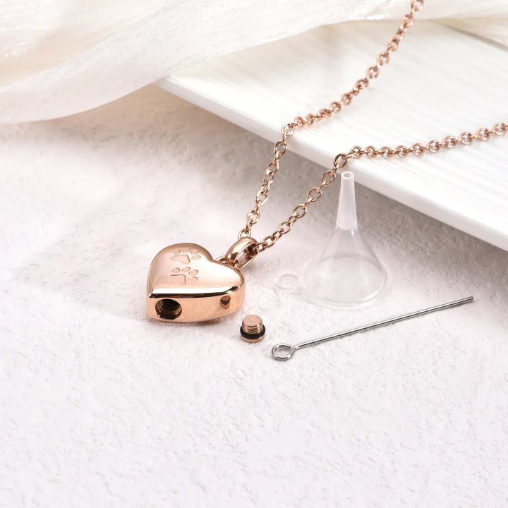 Memorial Necklace with Paw Heart – Stainless Steel Urn Pendant