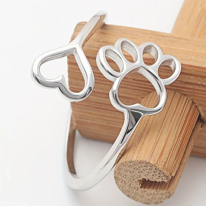 Handcrafted Paw Print Heart 925 Sterling Silver Adjustable Ring